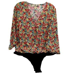 Pleione Womens Size Large Floral Faux Wrap Bodysuit Multi Color